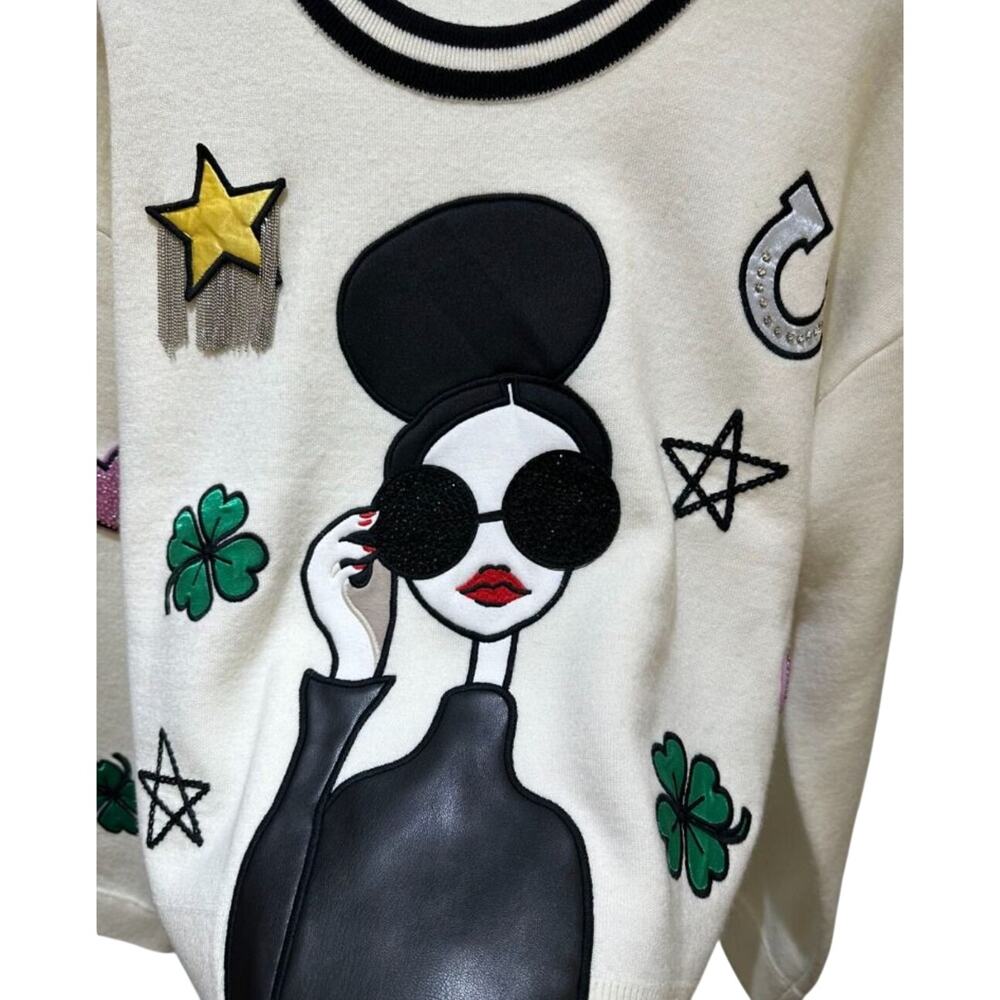 Alice + Olivia Gleeson Stace Face Boxy Sweater with Crystal Embellishments L - Picture 6 of 6